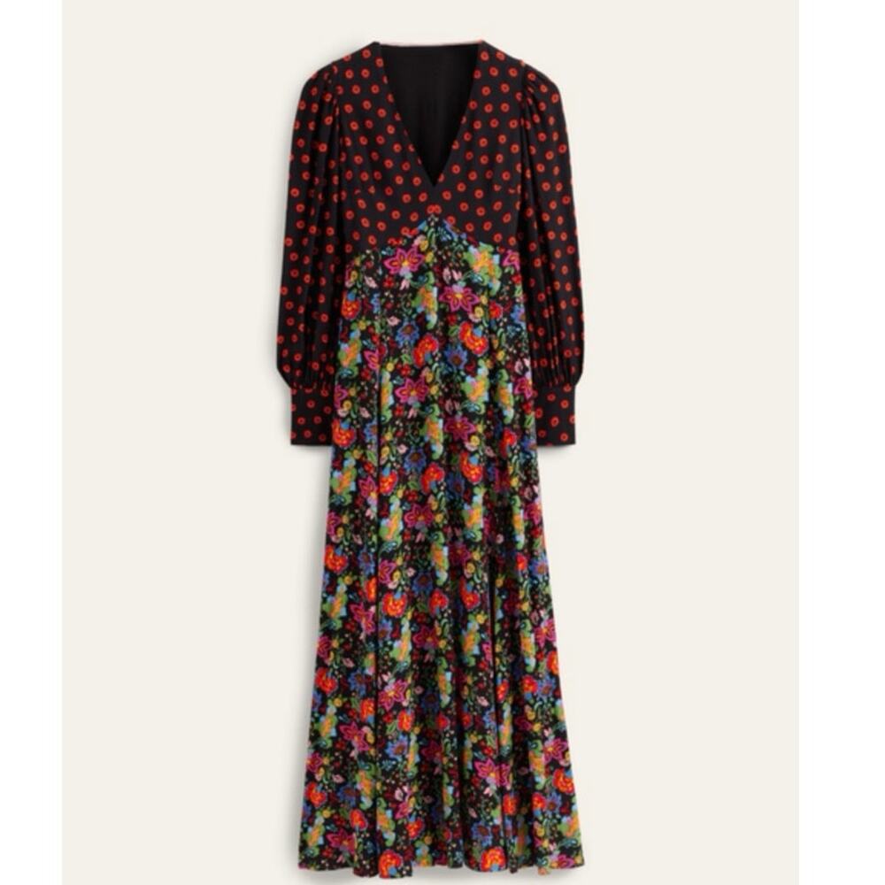 BODEN Blouson Sleeve Floral Maxi Dress V Neck Size 2P Black Red - Picture 14 of 14